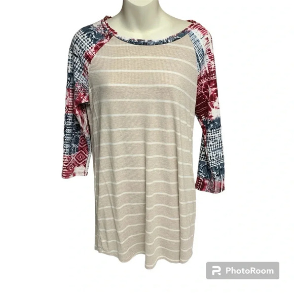 Rosemary size small shirt tan/cream striped with printed sleeves - Picture 1 of 7